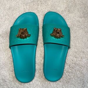 Versace Teal Slides with Gold Medusa Accent